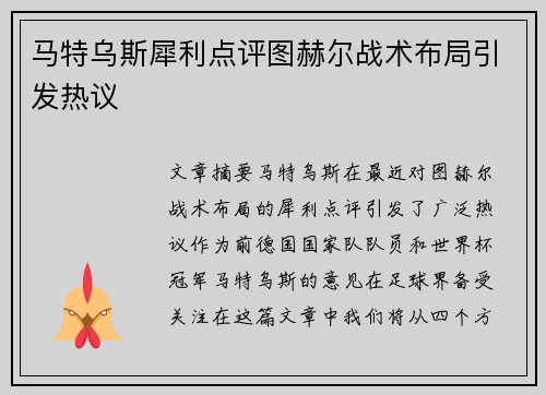 马特乌斯犀利点评图赫尔战术布局引发热议 马特乌斯犀利点评图赫尔战术布局引发热议
